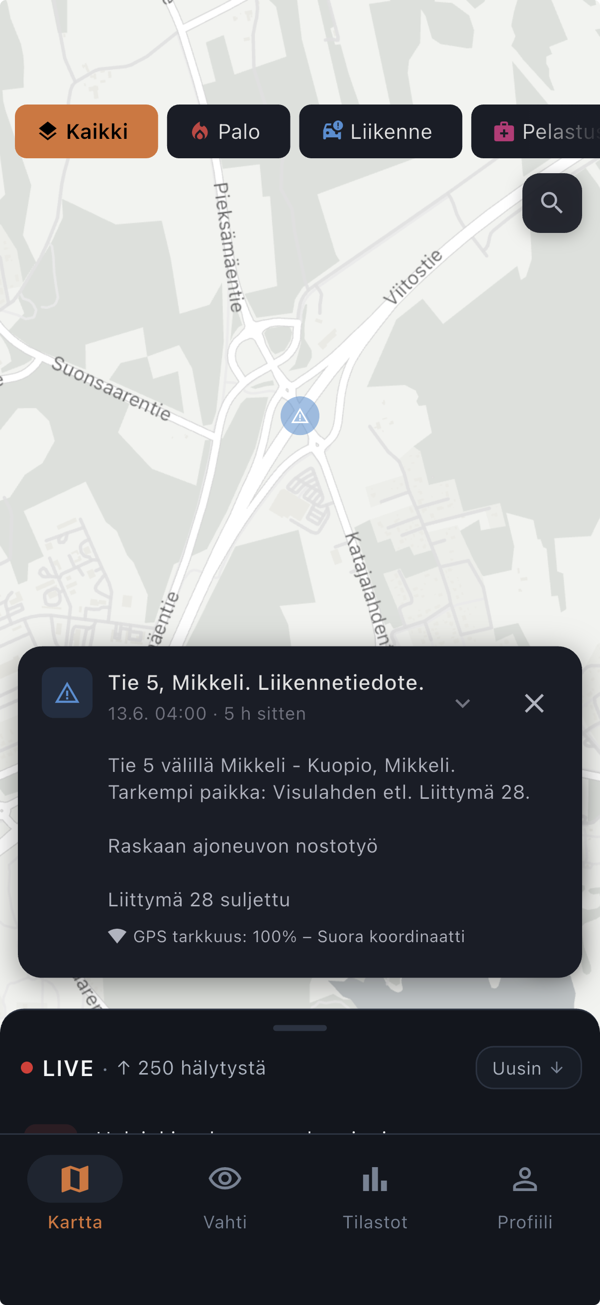 Karttapinniin napautettu tietokortti: Tie 5, Mikkeli, liikennetiedote, GPS-tarkkuus 100 % – suora koordinaatti